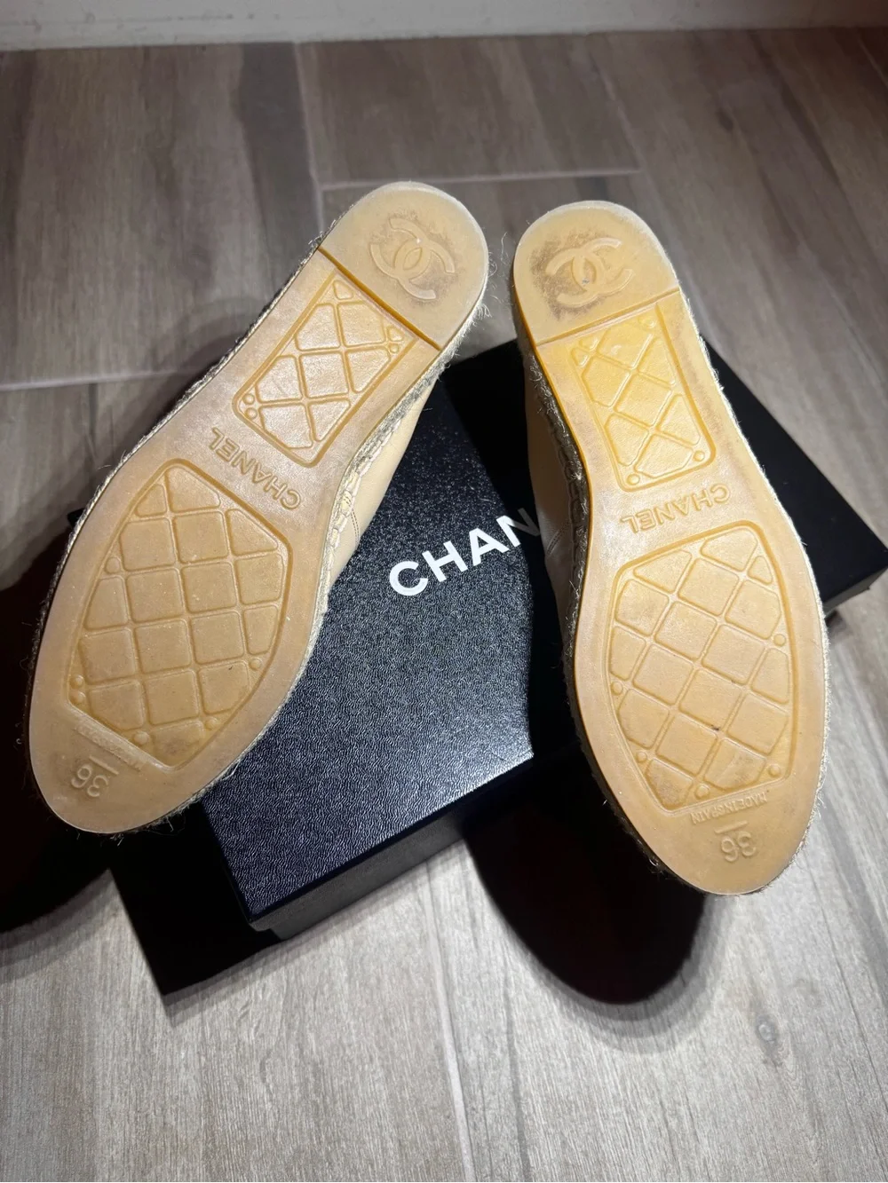 CHANEL Beige and Black Leather Espadrille Loafers